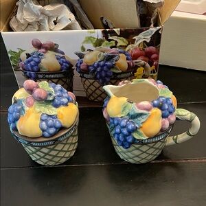 Vintage Never Used Mikasa Garden Harvest Sugar and Creamer Set with Fruit Design